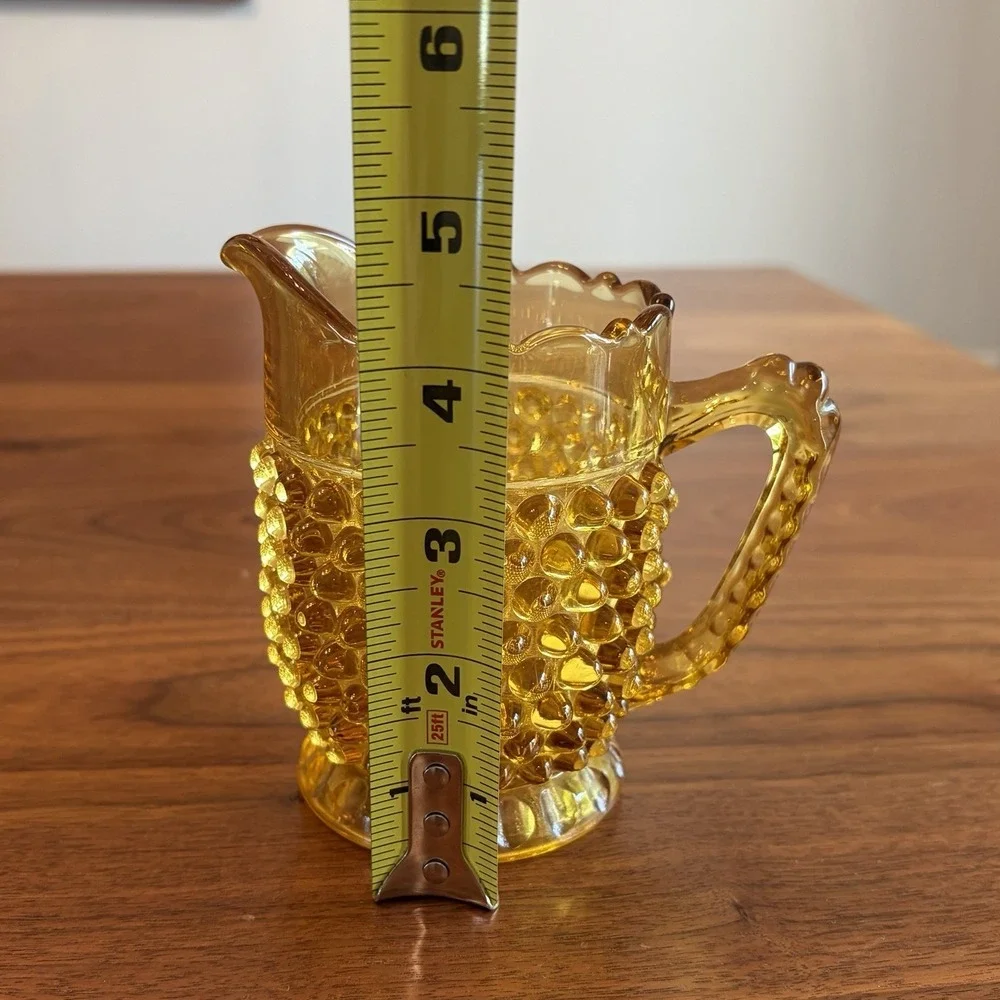 Vintage Hobbs Brockunier Amber Glass Ruffle Top Hobnail Pitcher 4